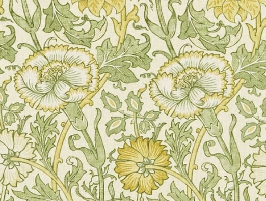 Der Stoffbezug zeigt ein florales Muster mit großen gelben Blumen und grünen Blättern im William-Morris-Stil.