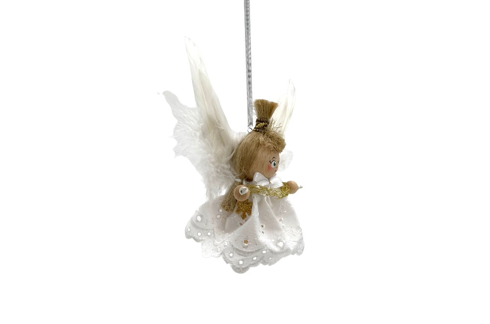 Baumschuck Engel mit Feder -detailansicht vond er Seite