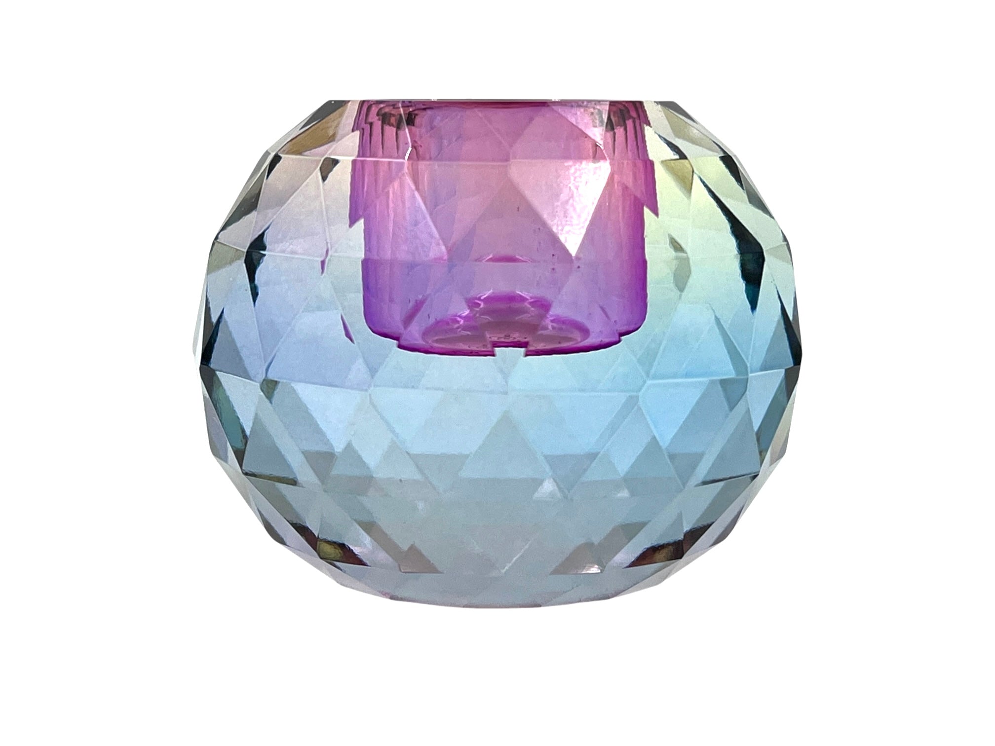 Runder Kerzenhalter aus Kristallglas mit hellblauem, violetten  Farbspiel, Ansicht von der Seite