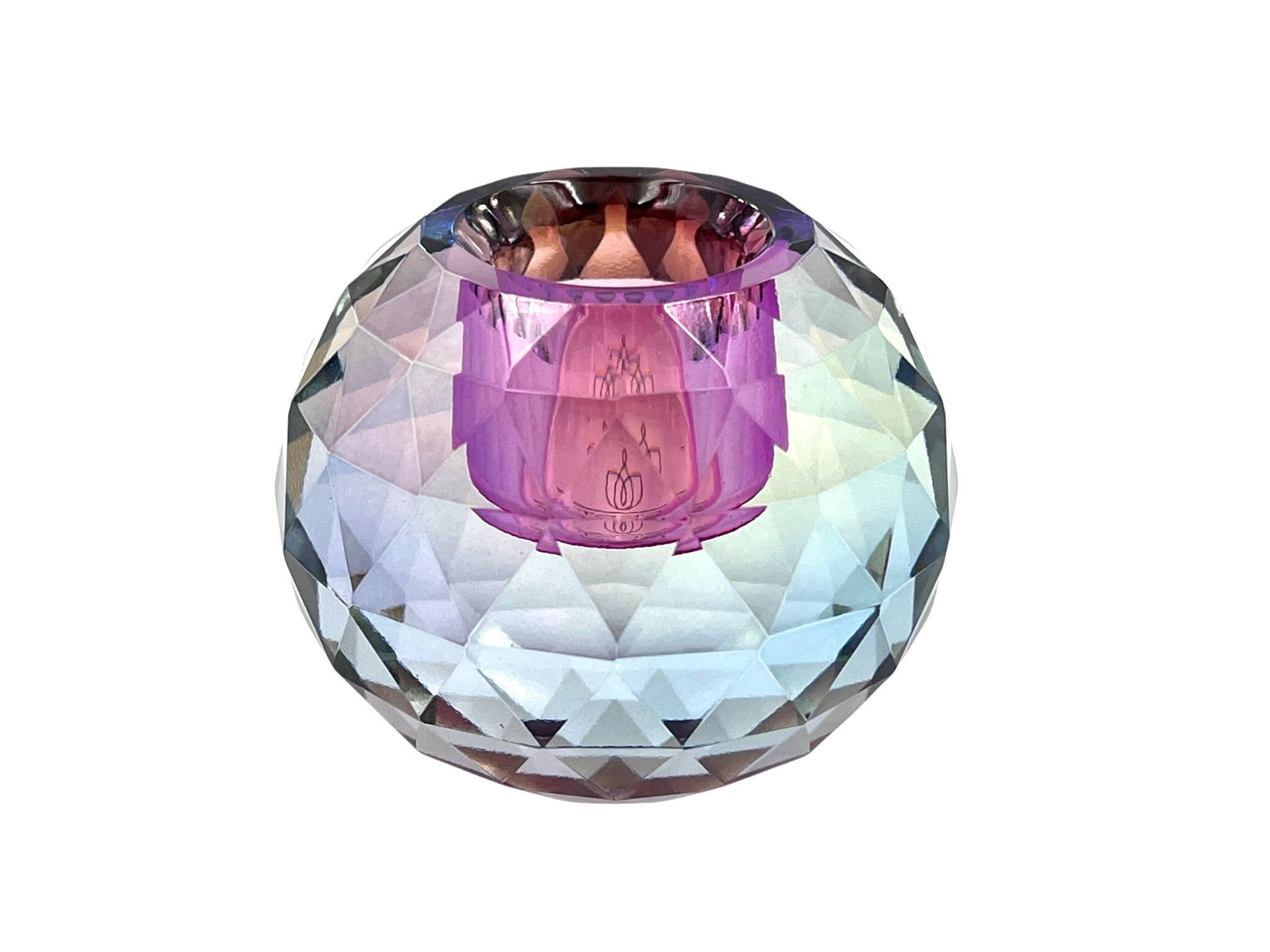 Runder Kerzenhalter aus Kristallglas mit hellblauem, violetten  Farbspiel, Ansicht von der Seite