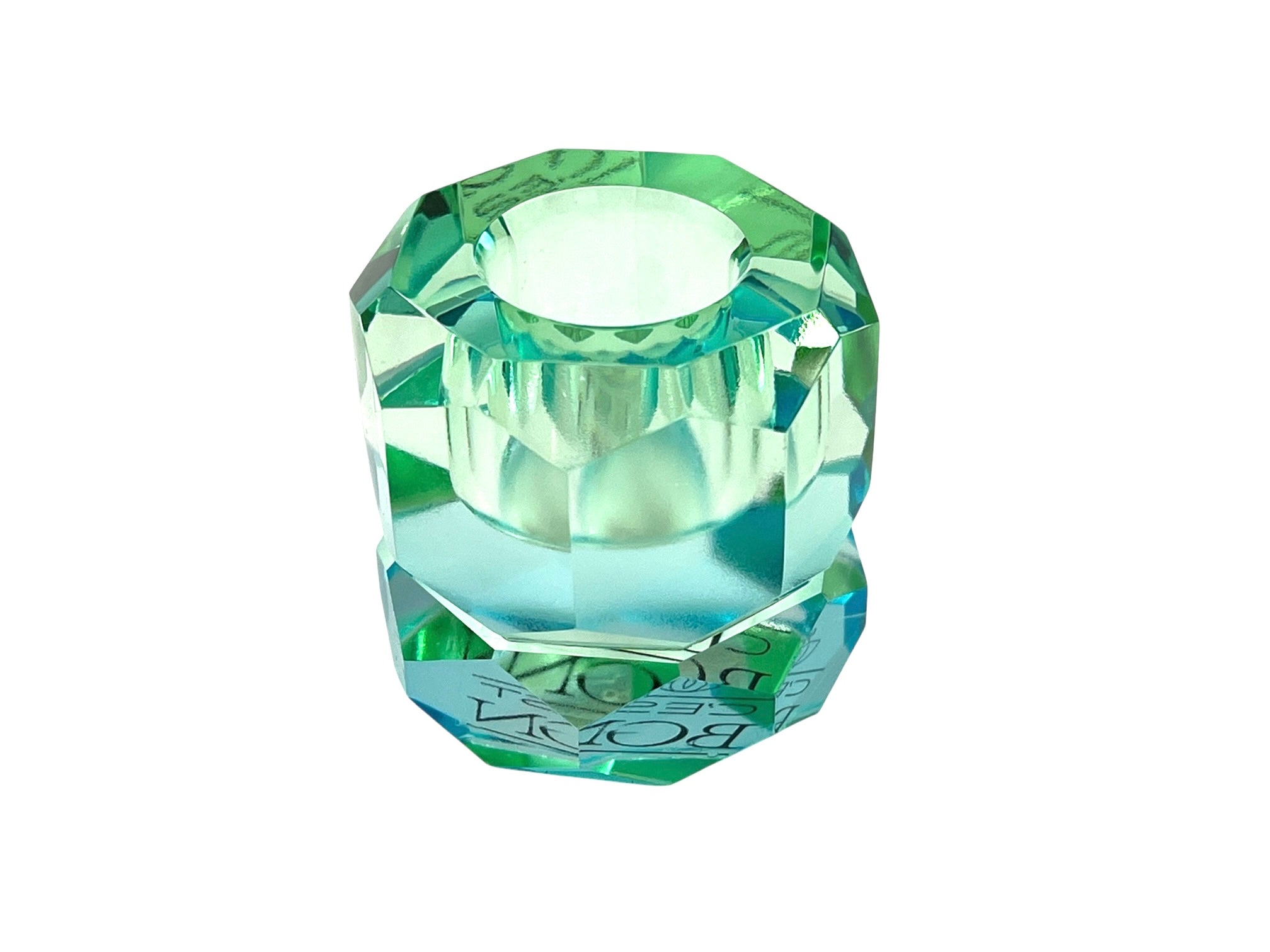 Kerzenhalter in Blau und Mint aus Glas mit klarer Kristalloptik, seitliche Ansicht