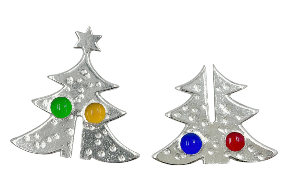 Zusammensteckbarer Weihnachtsbaum aus Zinn, mit farbigen Glassteinen,Model Small, auseinandergesteckt, nebeneinander liegend