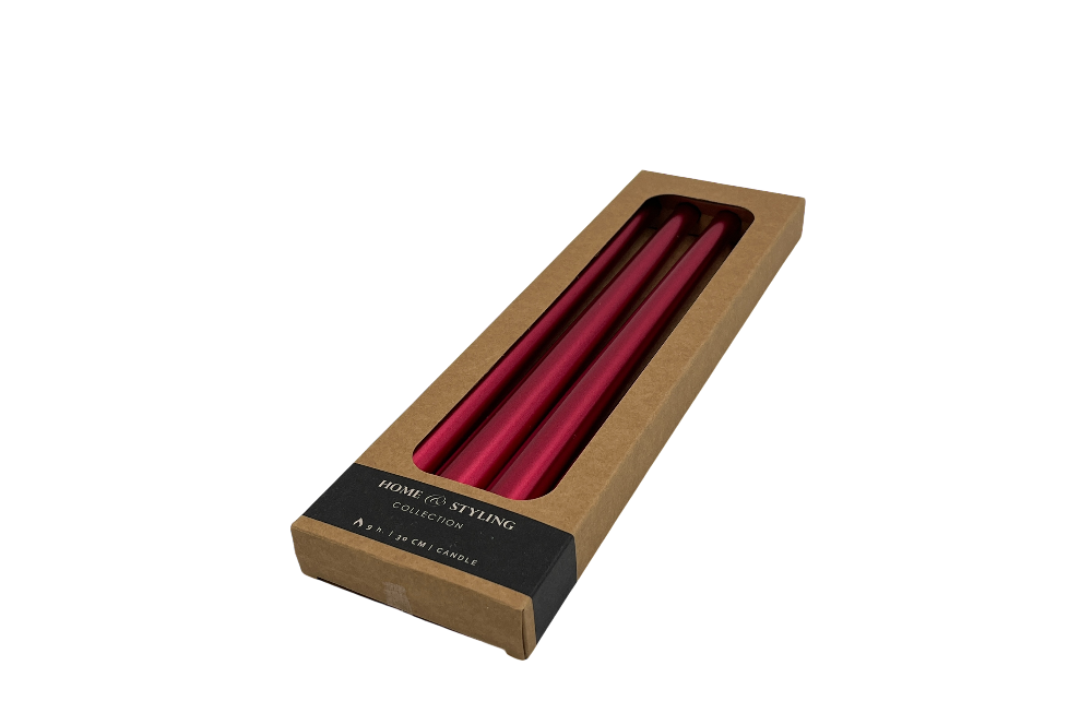 4er Set Dinnerkerzen in rot glänzend, in der Verpackung