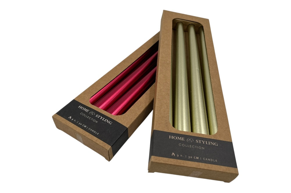 4er Set Dinnerkerzen glänzend, in der Verpackung, Gold und Rote 4er Set