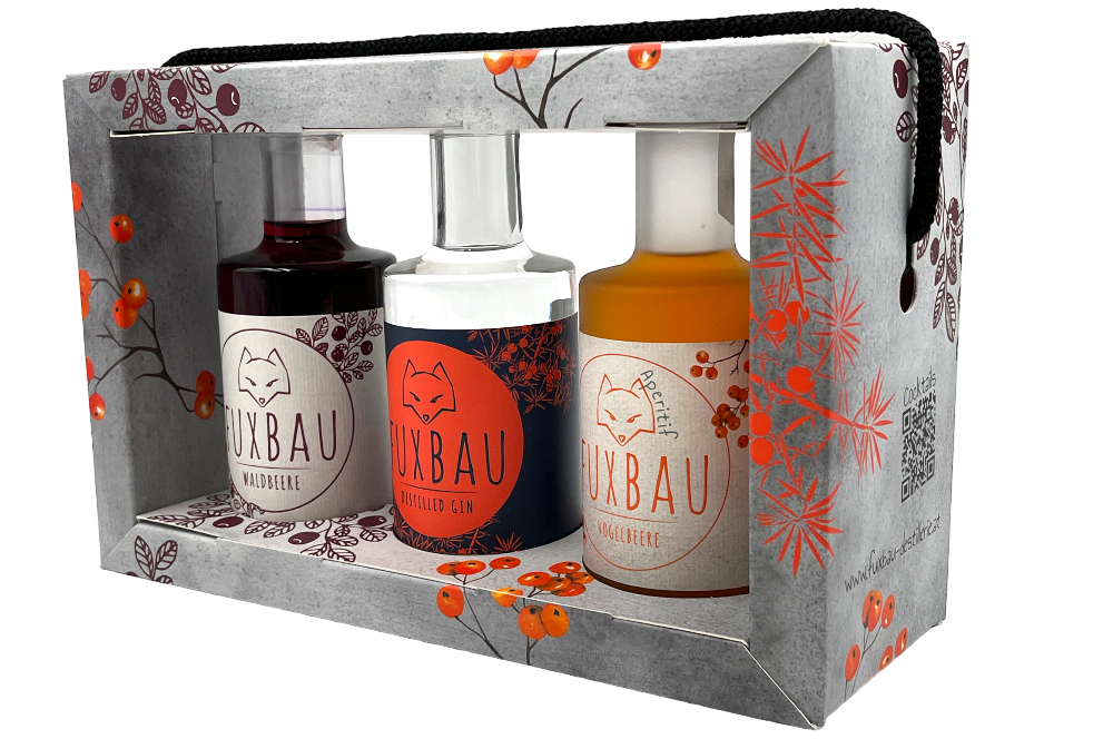 geschenkbox mit 3 verschieden gin sorten von fuxbau von der seite