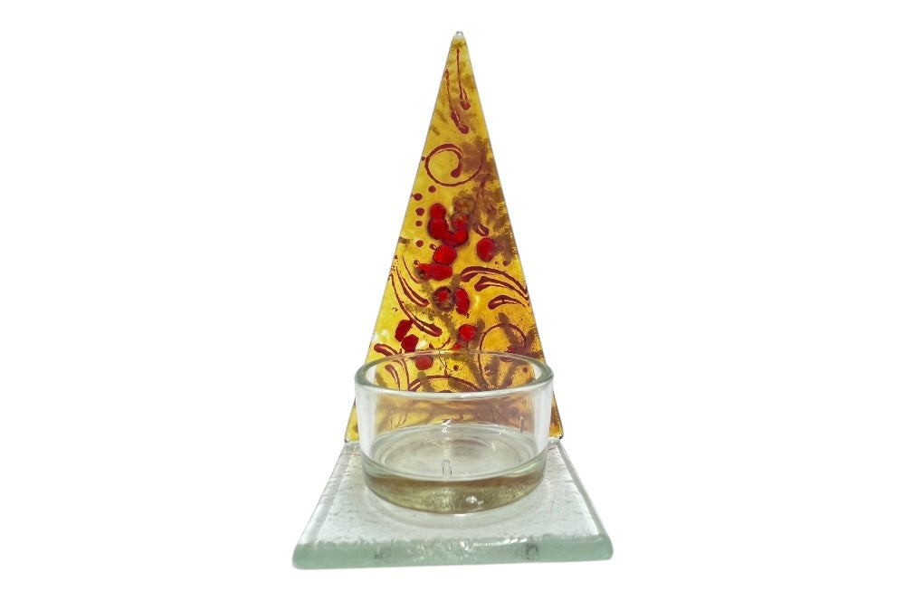 Teelichthalter in Form eines stilisierten Weihnachtsbaumes,  in Medium aus Glas in der Farbe Topas mit roter Bemalung, , Ansicht von der Seite