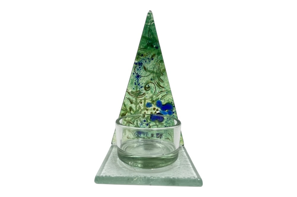 Teelichthalter in Form eines stilisierten Weihnachtsbaumes,  in Medium, aus Glas in der Farbe Rot mit goldener Bemalung, , Ansicht von hinten