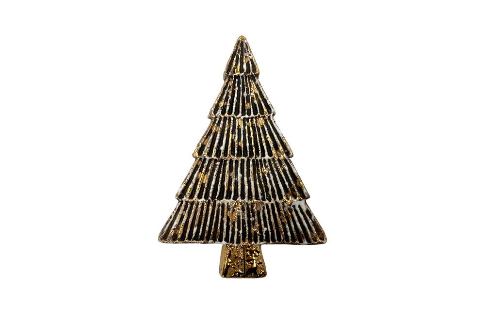 keramik in form eines Christbaums, mit deszenter schwarz-goldener Bemahlung, Anicht von oben