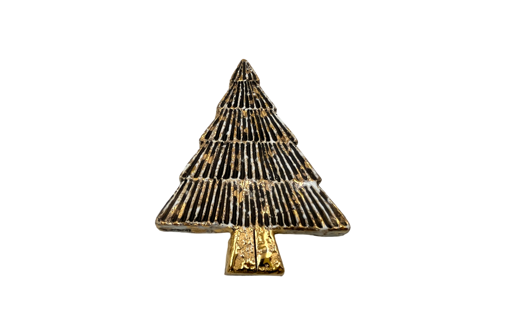 keramik in form eines Christbaums, mit deszenter schwarz-goldener Bemahlung, Anicht seitlich