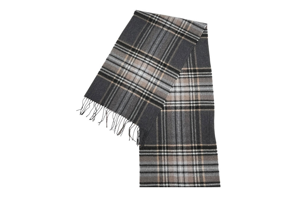 Herrenschal aus 100% Schurwolle mit klassischem Karodesign in Anthrazit, Grau, Weiß, Beige  und Schwarz. zusammengelegt