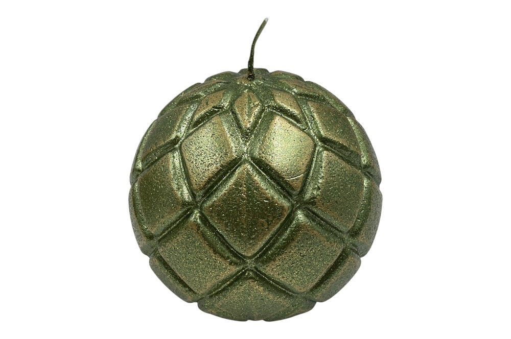 Kugelkerze mit Quilt-Struktur in Grün und Gold
