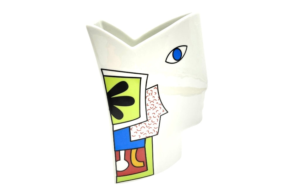 Kopfvase „Eleni“ aus weiß glänzendem Porzellan mit stilvollen farbigen Akzenten und einem kunstvoll gestalteten Gesicht im postmodernen Stil. Ansicht von Seite