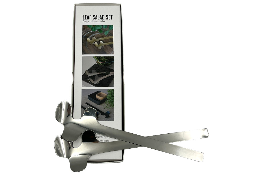 salatbesteck leaf in silberoptik mit verpackung