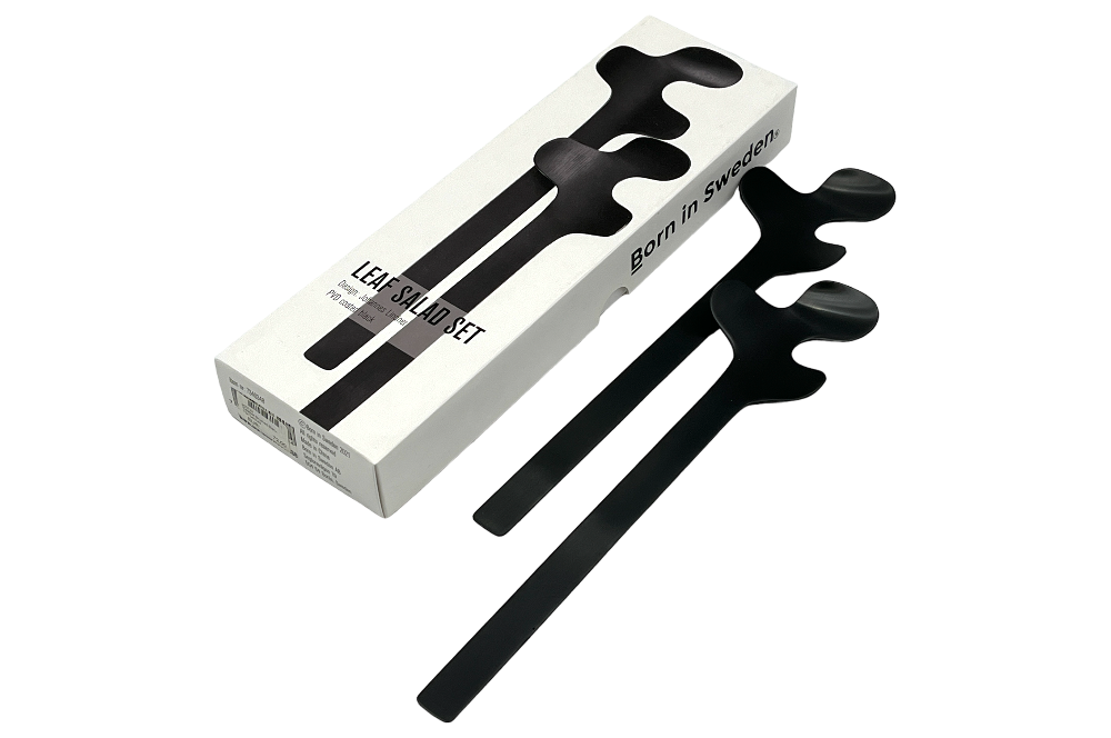 salatbesteck leaf in schwarz mit verpackung