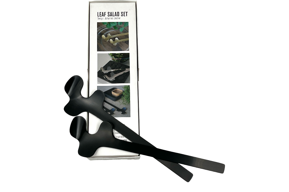salatbesteck leaf in scharz mit verpackung