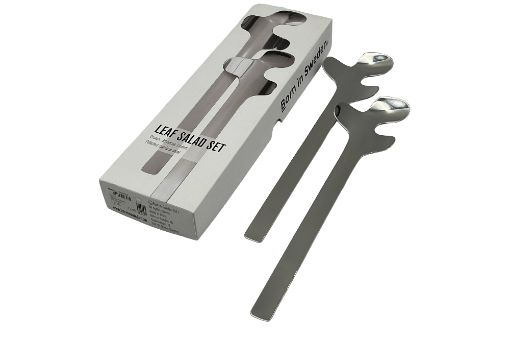 salatbesteck leaf in silberoptik mit verpackung