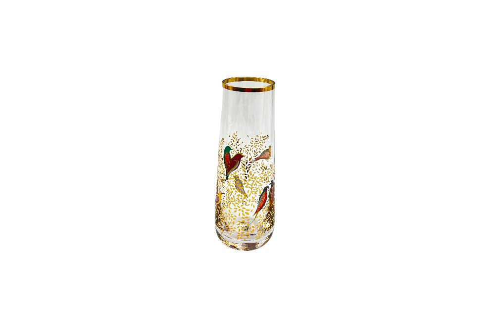 Vase Chelsea, small, mit Goldmotiv, kleine Vögle auf zarten Ästen mit Blättern , Ansicht von der seite
