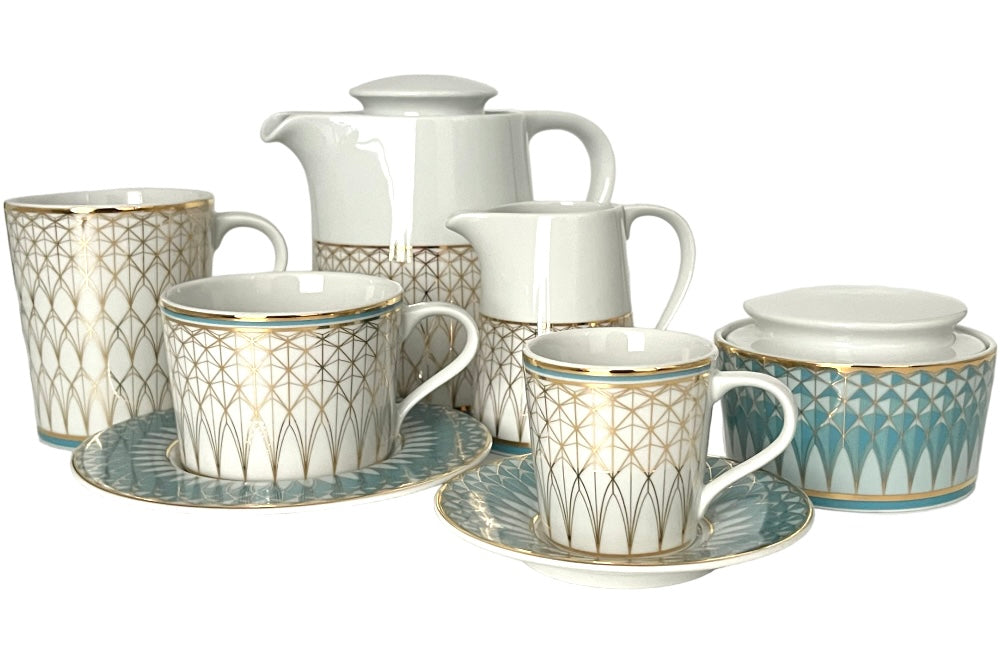 VERONA Kaffeetasse mit Unterteller mit goldenen und türkisen geometischen Design, Ansicht gesamtes Kaffeeeservice