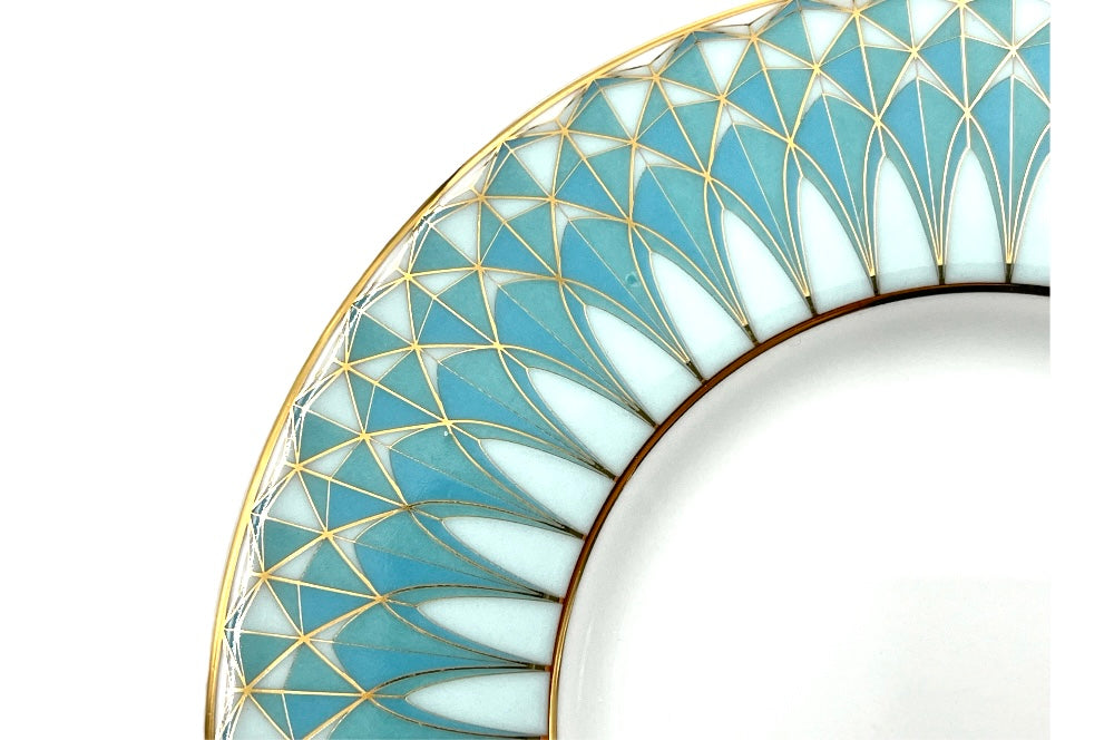 VERONA Kaffeetasse mit Unterteller mit goldenen und türkisen geometischen Design, Ansicht Detail Unterteller