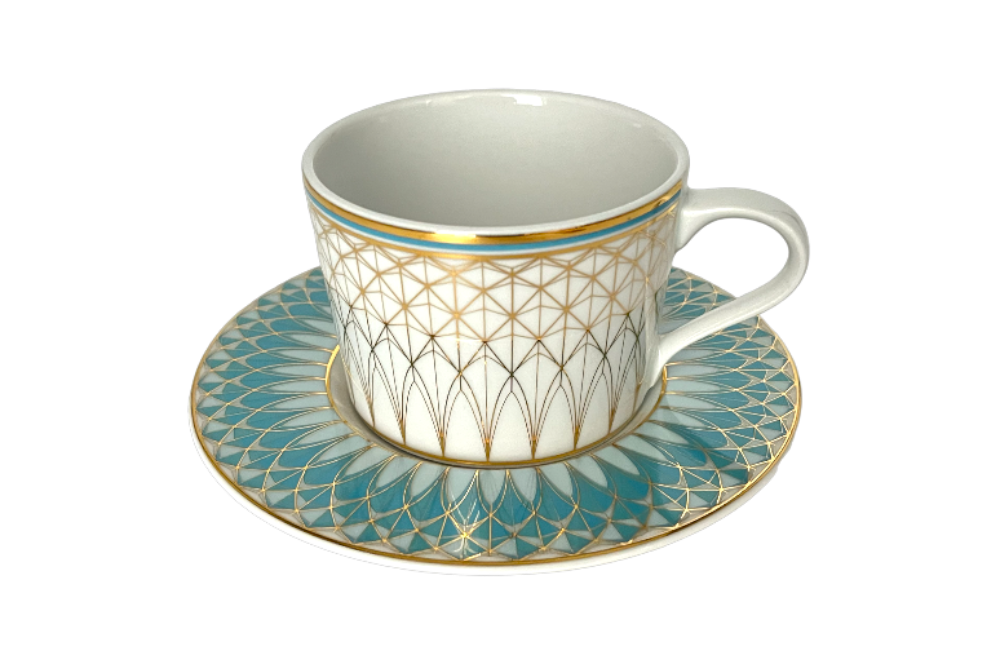 VERONA Kaffeetasse mit Unterteller mit goldenen und türkisen geometischen Design, Ansicht seitlich