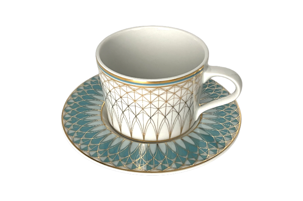 VERONA Kaffeetasse mit Unterteller mit goldenen und türkisen geometischen Design, Ansicht