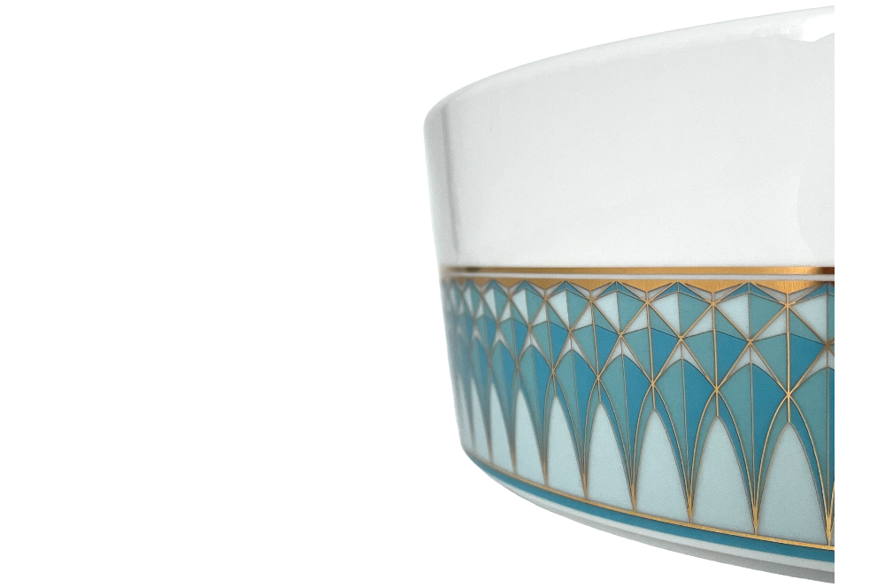 VERONA Salatschüssel mit goldenen und türkisen geometischen Design, Ansicht Detail