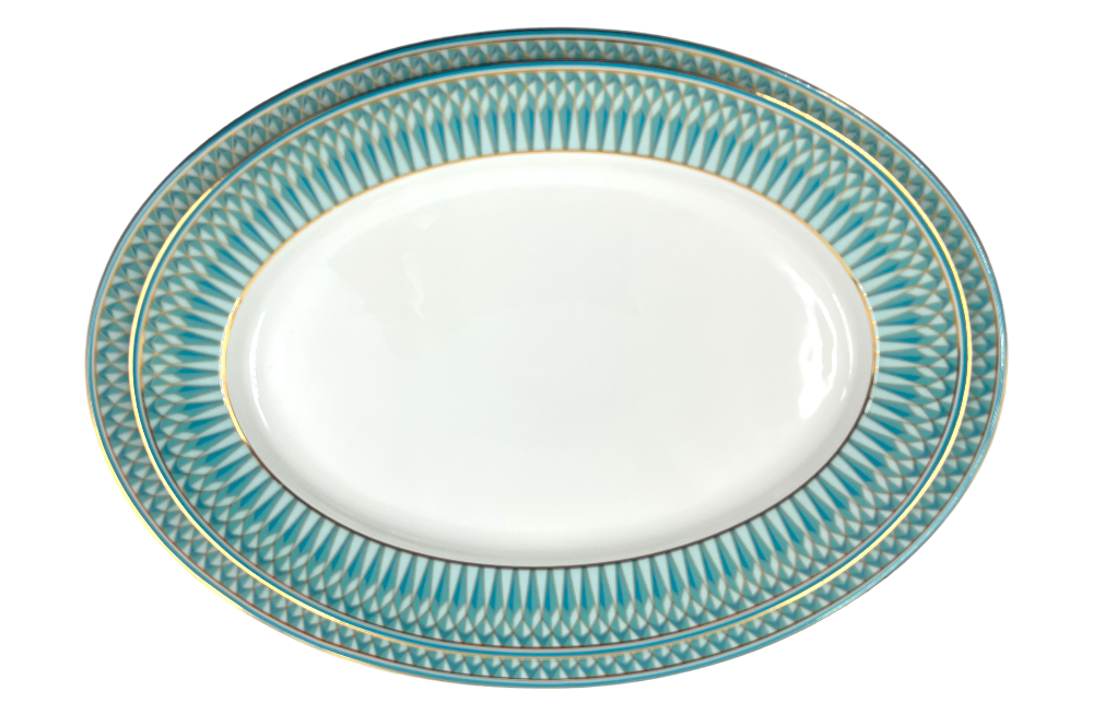 VERONA Servierplatte mit goldenen und türkisen geometischen Design, Ansicht  beide Servierplatten aufeinander