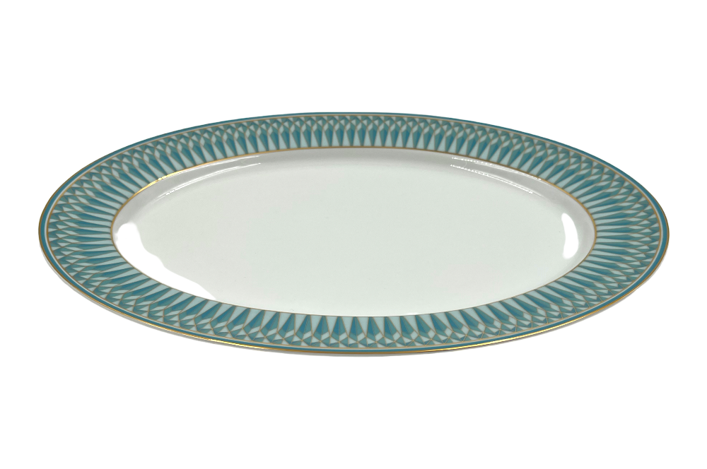 VERONA Servierplatte mit goldenen und türkisen geometischen Design, Ansicht  von der Seite