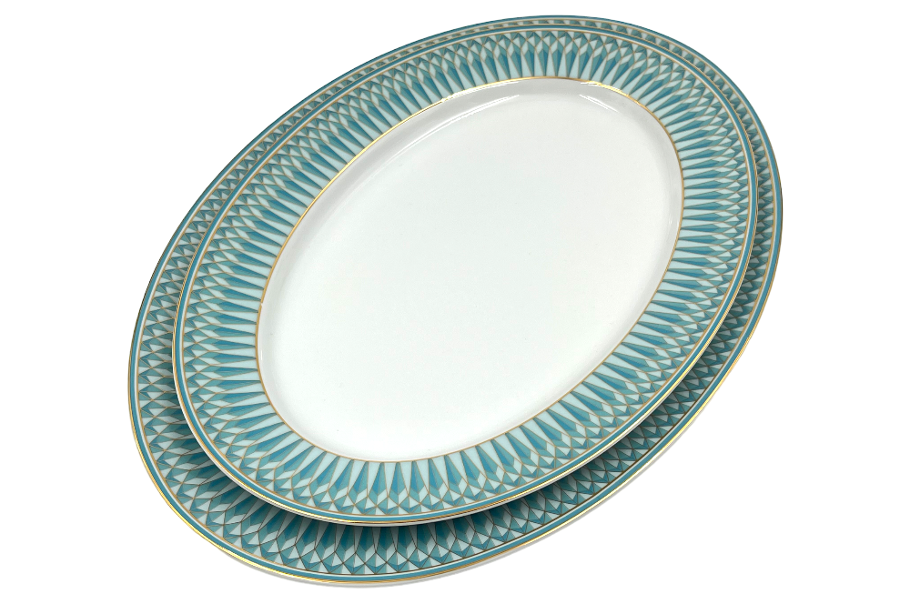 VERONA Servierplatte mit goldenen und türkisen geometischen Design, Ansicht  zwei größen, von der Seite