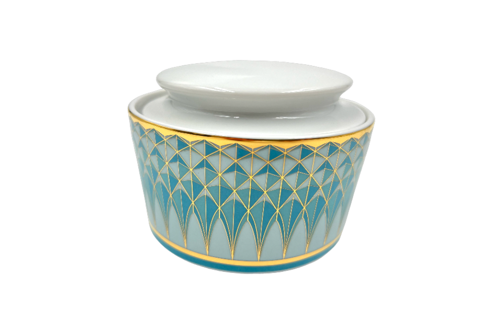 VERONA Zuckerdose mit goldenen und türkisen geometischen Design, Ansicht seitlich, Deckel oben