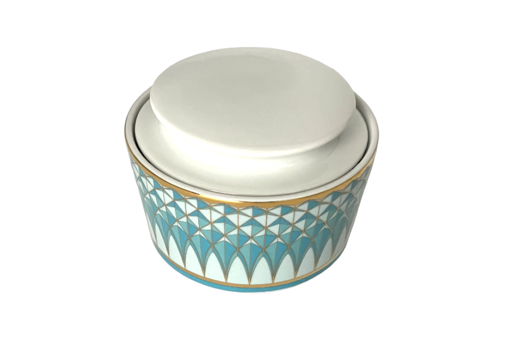 VERONA Zuckerdose mit goldenen und türkisen geometischen Design, Ansicht seitlich