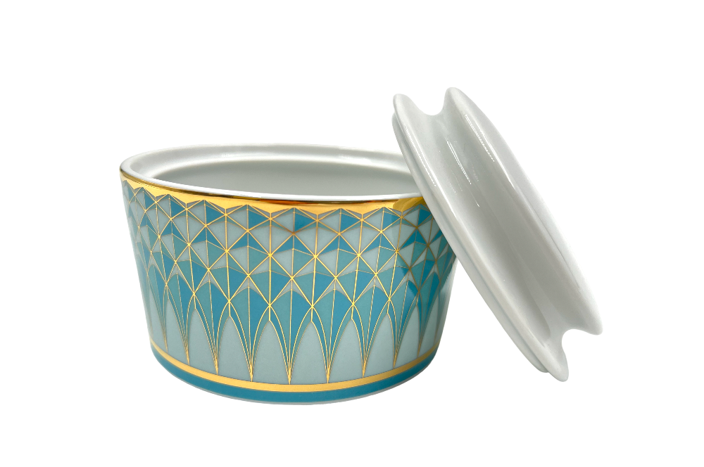 VERONA Zuckerdose mit goldenen und türkisen geometischen Design, Ansicht Deckel angelehnt