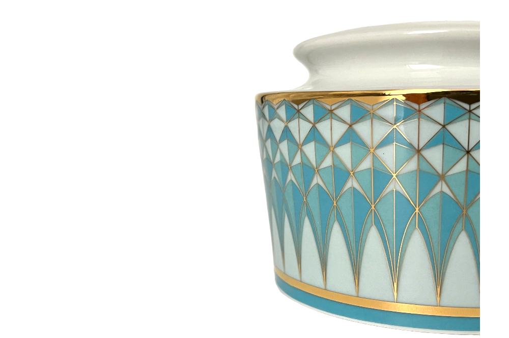 VERONA Zuckerdose mit goldenen und türkisen geometischen Design, Ansicht Detailansicht