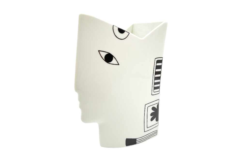 Postmoderne Gesichtsvase "Eleni" aus weiß glasiertem Porzellan, Ansicht von der seite