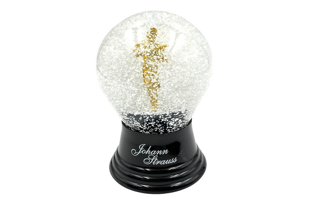 Diese handgefertigte Schneekugel zeigt Johann Strauss in goldener Pracht beim Geigenspiel. im Schneegestoeber