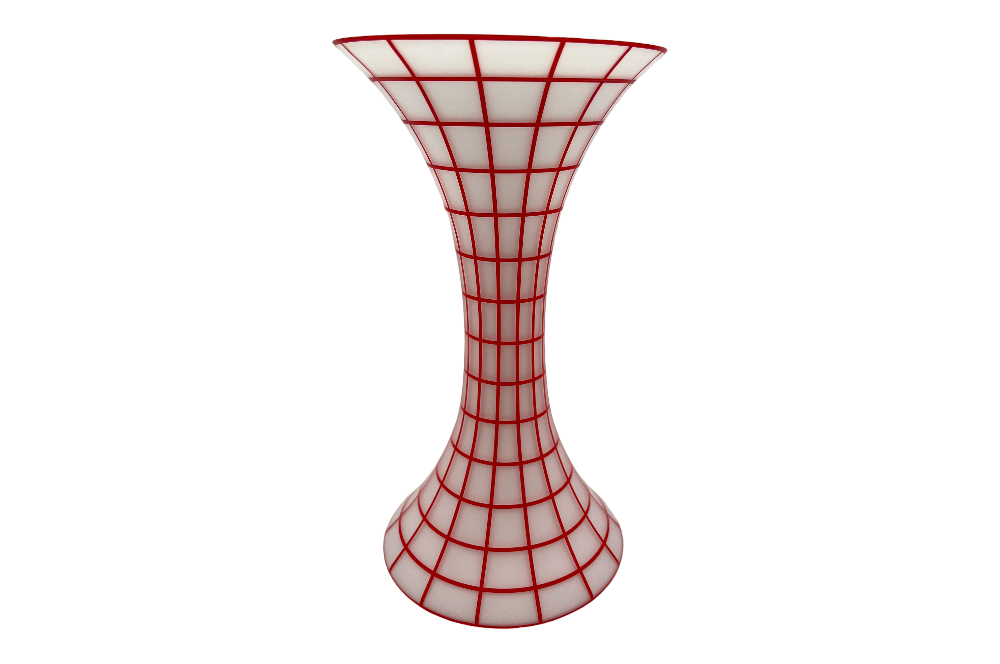 Jugenstilvase aus weißes Opalglas in Kombination mit Kristallglas und roten Dekor, kreuzende linien, ansicht ganze vase