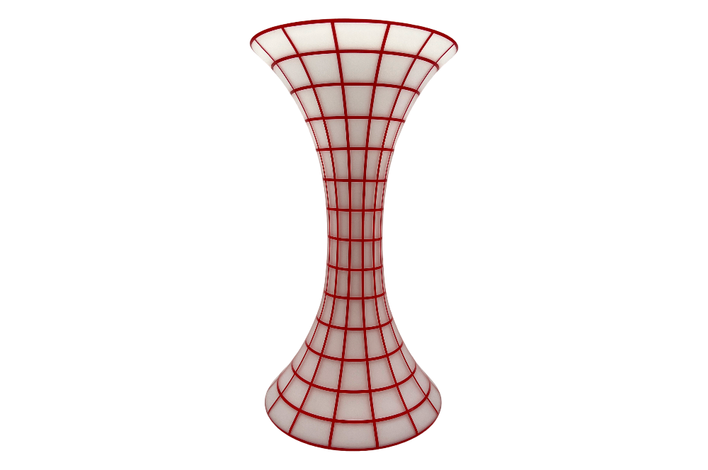Jugenstilvase aus weißes Opalglas in Kombination mit Kristallglas und roten Dekor, kreuzende linien, ansicht ganze vase