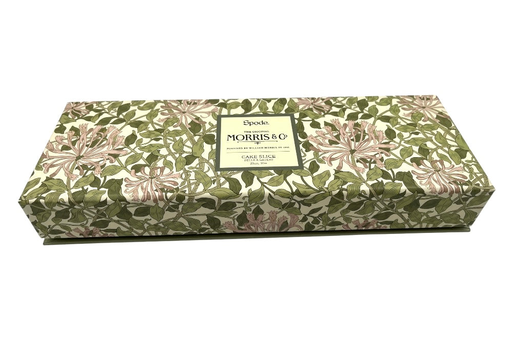 Tortenheber, der Griff ist mit einem Design von William Morris gestaltet. Ansicht von der geschlossenen Verpackung