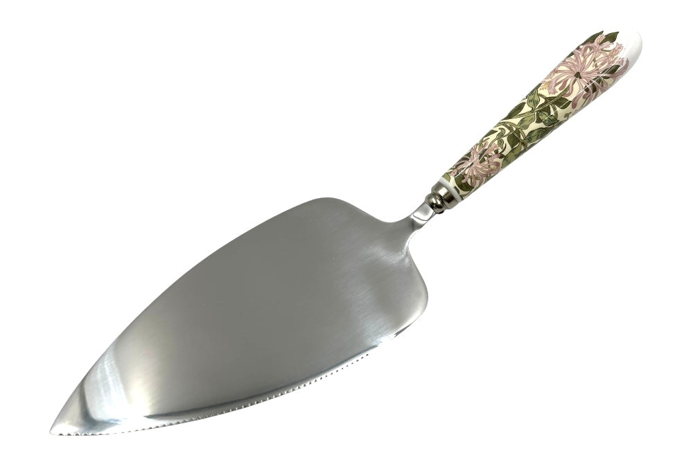 Tortenheber, der Griff ist mit einem floralen Design von William Morris gestaltet. Ansicht von oben