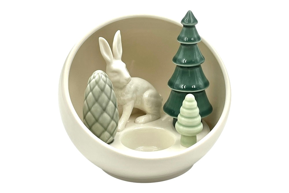 Keramikvotivkugel mit weißen Hase und 3 verschieden großen Bäumen, ansicht von vorne