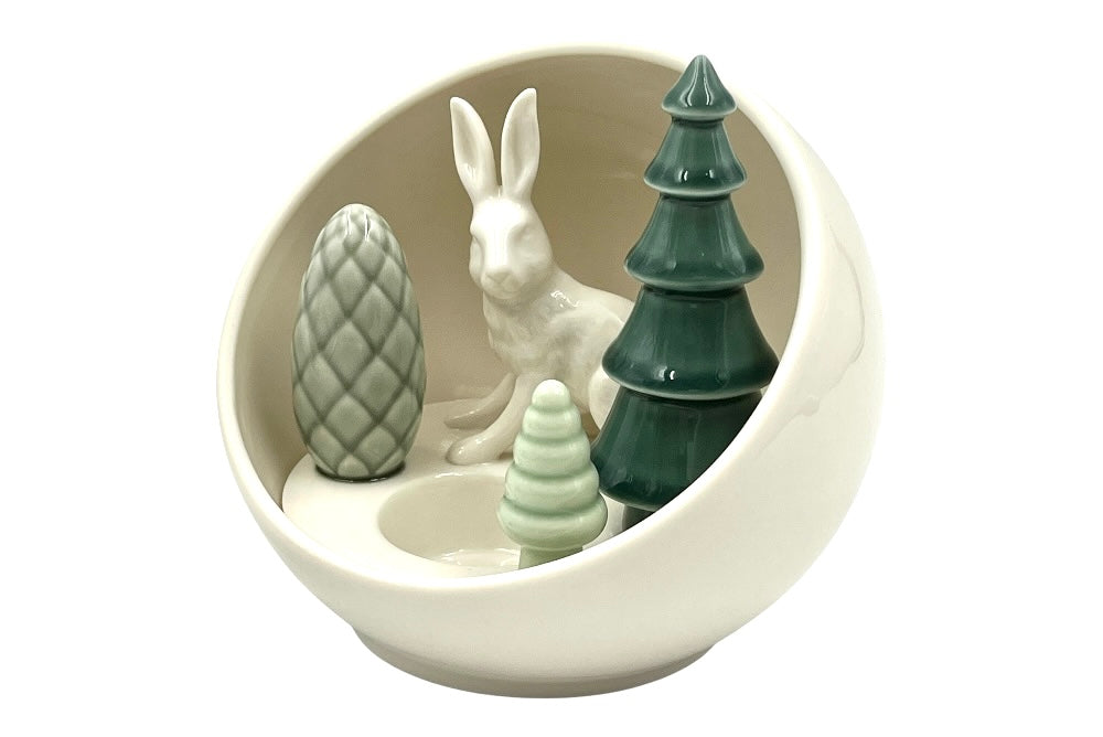 Keramikvotivkugel mit weißen Hase und 3 verschieden großen Bäumen, ansicht von seitlich