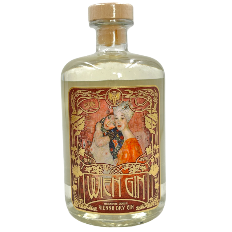 Wien Gin mit Klimtbild von zwei Frauen auf der Etikette