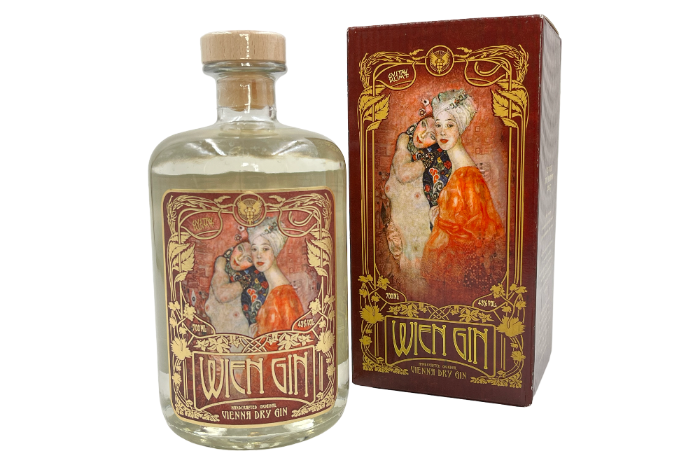 Wien Gin mit Klimtbild von zwei Frauen auf der Etikette, und Verpackung