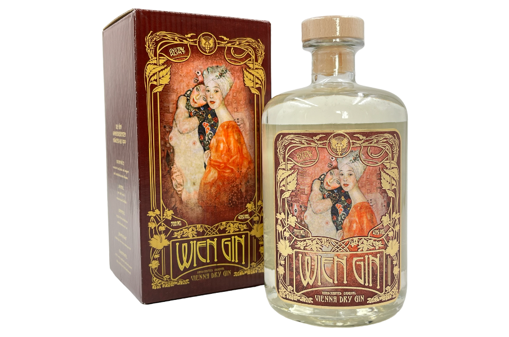 Wien Gin mit Klimtbild von zwei Frauen auf der Etikette, mit gleich gestalteten Verpackungskarton