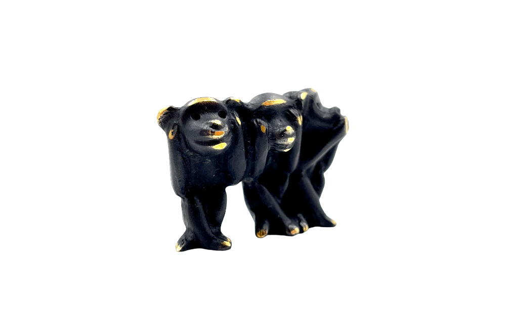 3 kleine affen- Bronzefigur in schwarz, von der seite