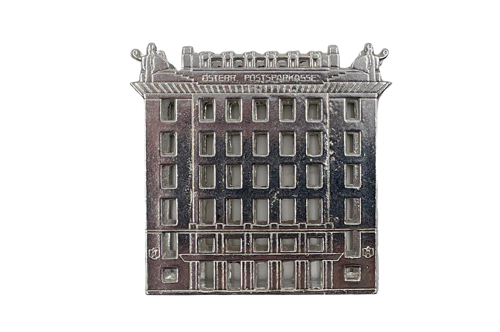 Zettelständer aus Zinn, mit der Fassade der Österreischischen Postsparkasst Wien, Draufsicht