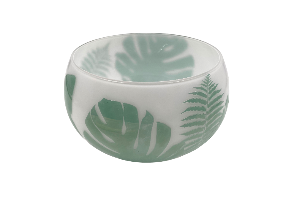 Milchige Vase Blätttermotive, andere perspektive, blick seitlich oben