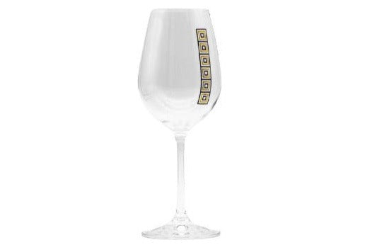rotweingglas aus der ÖW Collection Reihe, mit deszenten Qardatkonturen in Gold und schwarz, angelehnt an das Design von Josef Hoffman, ganze Ansicht