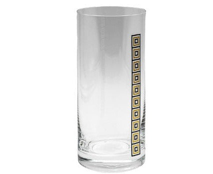 Wasserglas aus der ÖW COLLECTION im zweier Set, Ansicht ganzes glas von der Seite mit dezenten Aufdruck von schwarzen und goldenen Quadraden