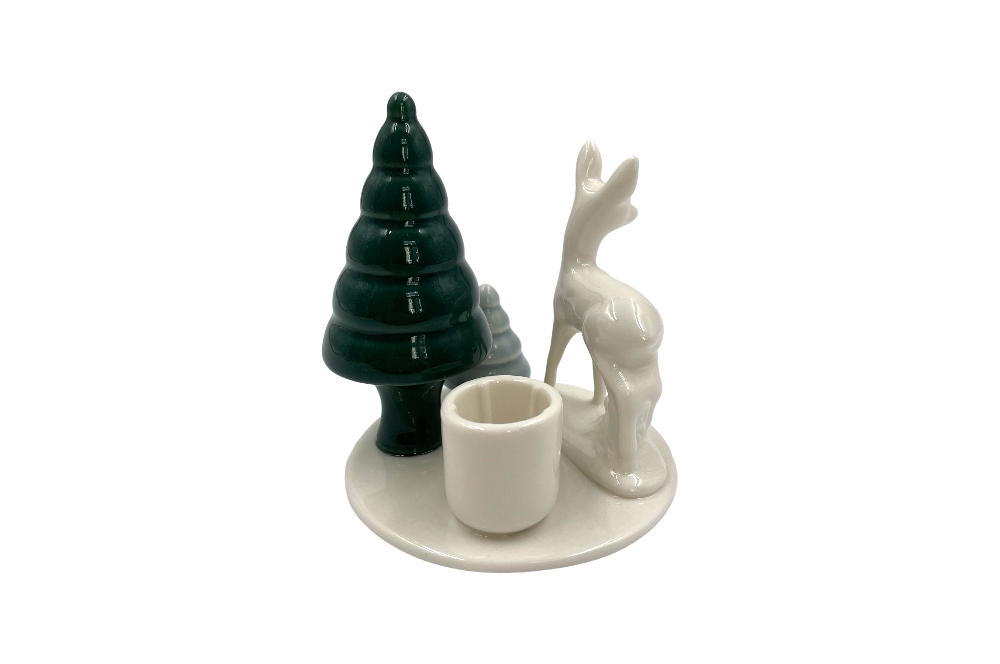 Kerzenhalte mit Bami und 2 unterschiedlich farbigen Tannenbäumen, Ansicht von hinten